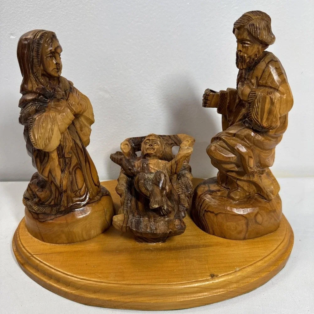 Hand Carved Olive Wood Nativity Scene Holy Family Manger Set on Wooden Base